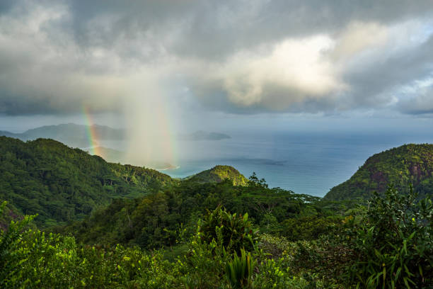 Rainbow And Rain Over The Jungle Mountains Of Mahe Seychelles 16 Stock Photo