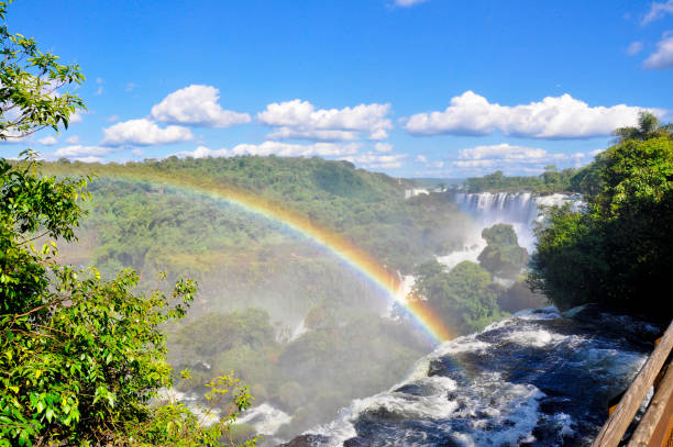 Rainbow at Iguazu Falls, on the border of Brazil, Argentina, and Paraguay. stock photo