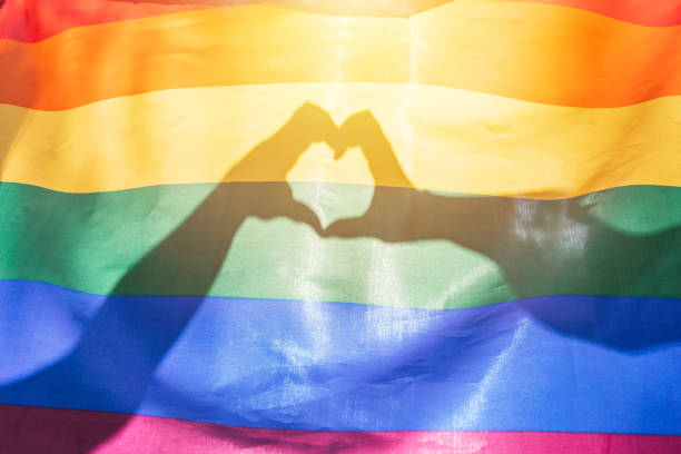 LGBTQ rainbow colors flag, a symbol for the homosexual community, two hands making a heart shape shining by sunlight. Gay flag for pride month and the celebration day of sexual and love diversity stock photo