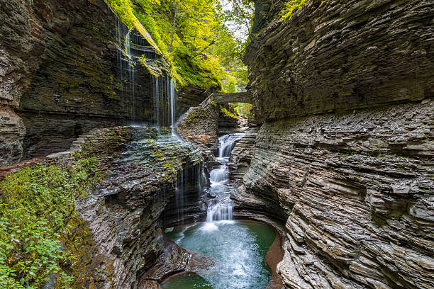 Rainbow Falls Rainbow Falls of Watkins Glen State Park Finger Lakes region of New York state. state park stock pictures, royalty-free photos & images