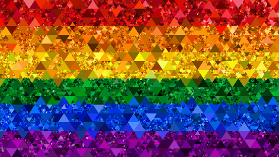 Rainbow Flag Abstract Mosaic LGBTQIA Pride Month Rights Event Culture Triangle Kaleidoscope Pattern Stripe Geometric Texture Red Orange Yellow Green Blue Purple Glitter Sequin Crumpled Foil Refraction Pixel Confetti Paper Psychedelic Background Digitally Generated Image Design template for presentation, flyer, card, poster, brochure, banner 16x9 Format