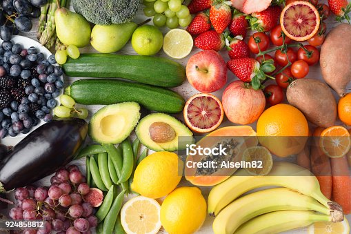 istock Rainbow fruits and vegetables, top view 924858812