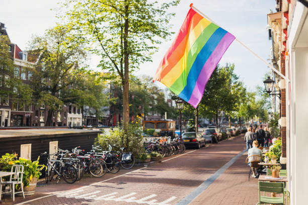 암스테르담, 네덜란드에서 무지개 게이 프라이드 플래그 - progress pride flag 뉴스 사진 이미지