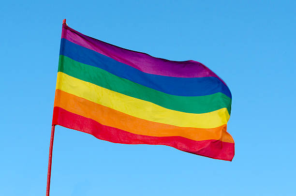 블루 스카이 배경에 무지개 게이 프라이드 플래그, 미국 - progress pride flag 뉴스 사진 이미지