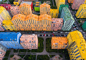 Colored rainbow houses in Kiev aerial view