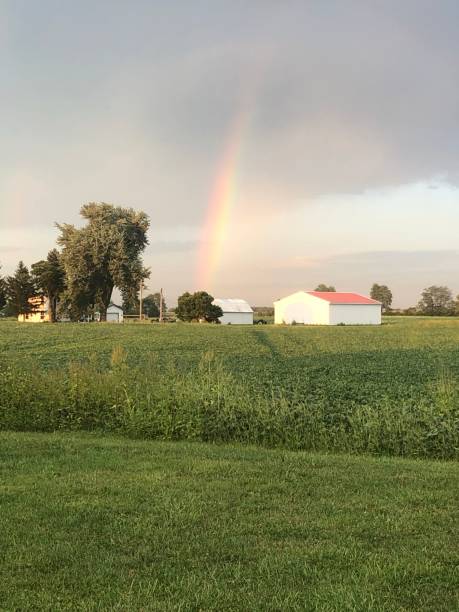 Rainbow over farm stock photo