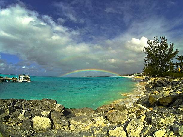Rainbow over San Salvador stock photo