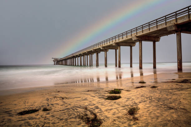 Rainbow over Scripps pier Beach in La Jolla stock photo