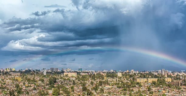 Rainbow over the city of Addis Ababa stock photo