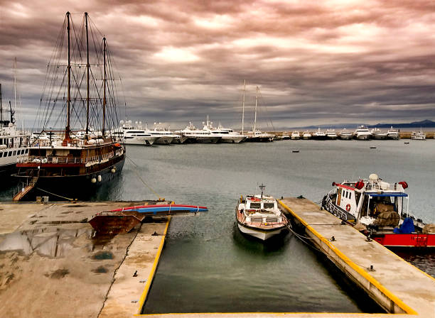 A rainy day.Yachts at the dock.Marina Zeas, Piraeus,Greece stock photo