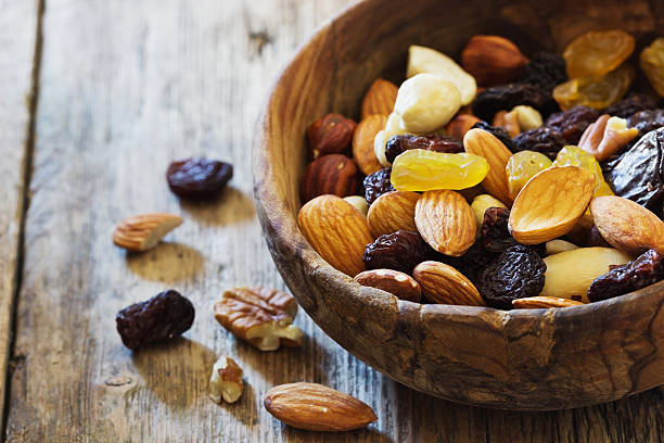 Raisins and various nuts stock photo