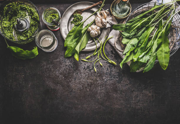 Ramson recipes. Wild garlic  pesto with ingredients on dark rustic kitchen table stock photo