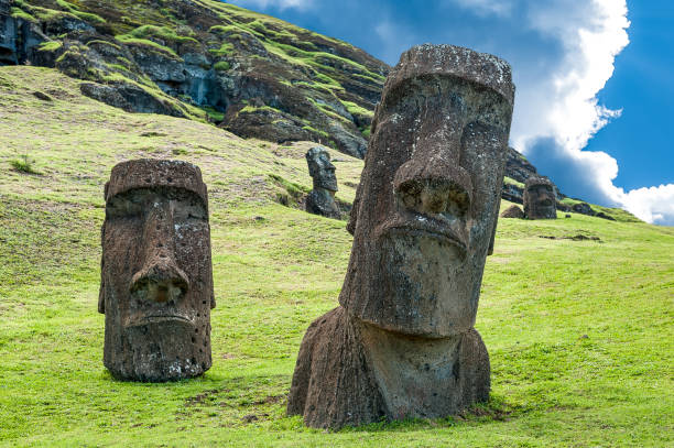 Rano Raraku, Easter Island, the quarry of the Moai. stock photo