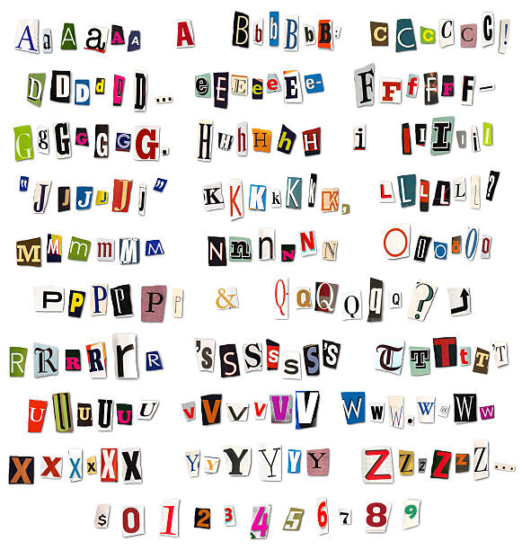 Ransom Note Magazine and Newspaper Cutouts colorful alphabet of letters and numbers cut from magazines and newspapers arranged to look like a threatening letter. capital letter stock pictures, royalty-free photos & images
