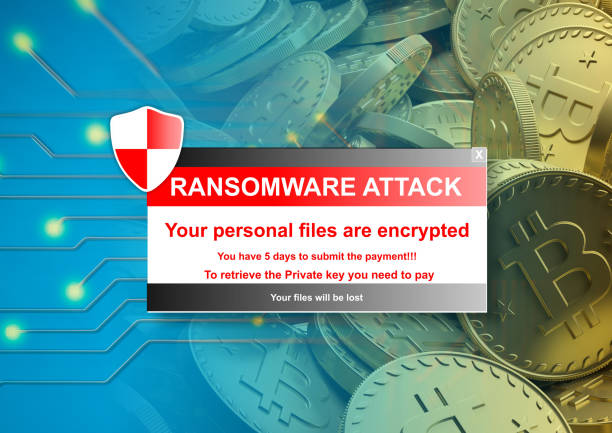 Ransomware alert on a bitcoins background. 3d illustration Ransomware attack alert on a bitcoins background. 3d illustration ransomware stock pictures, royalty-free photos & images