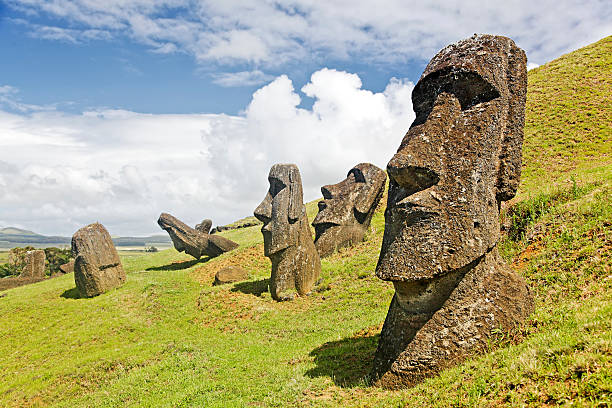 Rapa Nui National Park Moais in Rapa Nui National Park on the slopes of Rano Raruku volcano on Easter Island, Chile. rapa nui stock pictures, royalty-free photos & images