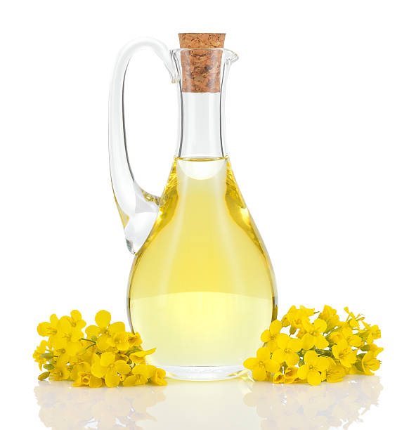 Rapeseed oil and flowers isolated over white. stock photo