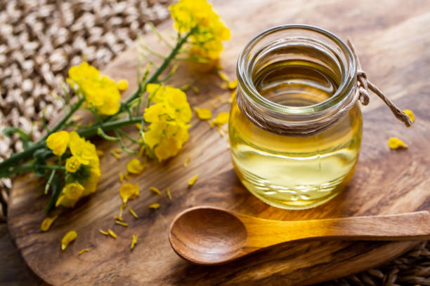 Rapeseed oil and rape blossoms Rapeseed oil, cooking oil, rape blossoms canola oil stock pictures, royalty-free photos & images