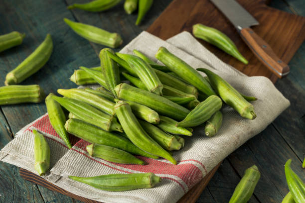 Raw Green Organic Okra Harvest Raw Green Organic Okra Harvest Ready to Cook With okra plants pics stock pictures, royalty-free photos & images