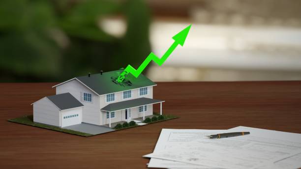 Real estate market boom, soaring prices. Fancy suburban house with rising green arrow. Digital 3D render. Real estate market boom, soaring prices. Fancy suburban house with rising green arrow. Digital 3D render. mortgages and loans stock pictures, royalty-free photos & images