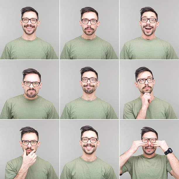 Nine square portraits of the same guy with different facial expressions.