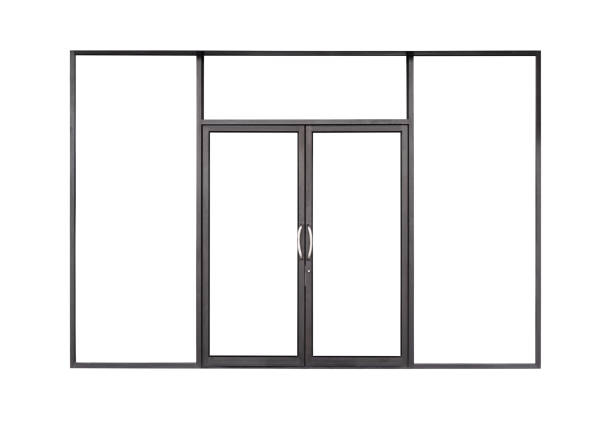 Real modern black store front double glass door window frame isolated on white background Real modern black store front double glass door window frame isolated on white background symmetry stock pictures, royalty-free photos & images