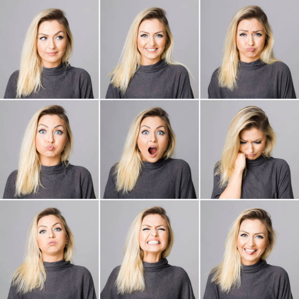 Real woman making different facial expressions, studi oshot