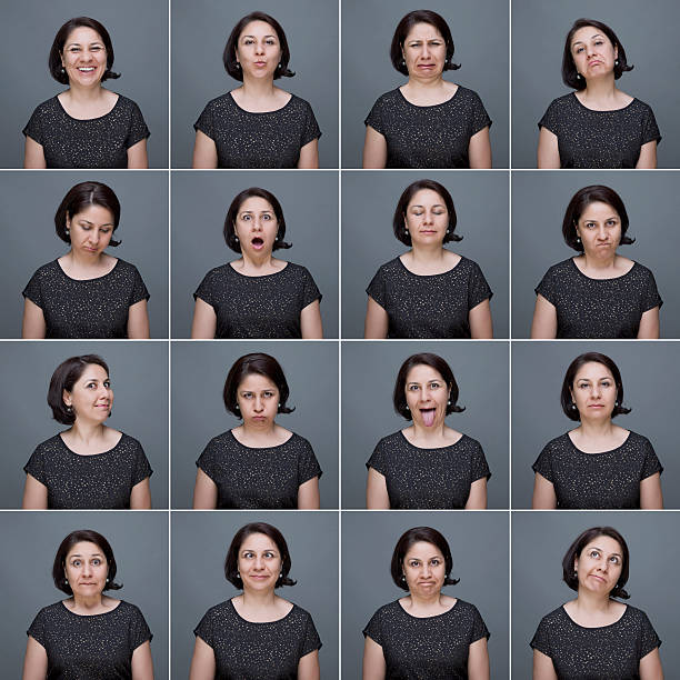 Real woman making facial expressions Real woman making sixteen different facial expressions. High resolution image. All the pictures was taken with a medium format Hasselblad Camera system and developed from Raw. part of a series stock pictures, royalty-free photos & images