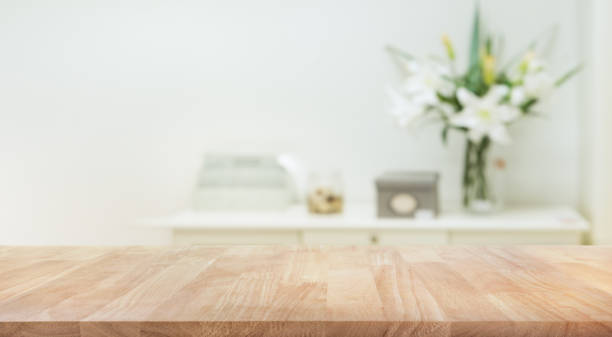real wood table top texture on white wall room background. - mesa de sala imagens e fotografias de stock