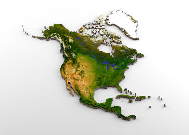 Realistic 3D Extruded Map of North America (North American Continent,including Central America) 3D rendering of extruded high-resolution physical map (with relief) of the North American Continent,isolated on white background.
Modeled and rendered with Houdini 16.5
Satellite image from NASA: https://visibleearth.nasa.gov/view.php?id=74092 continent geographic area stock pictures, royalty-free photos & images