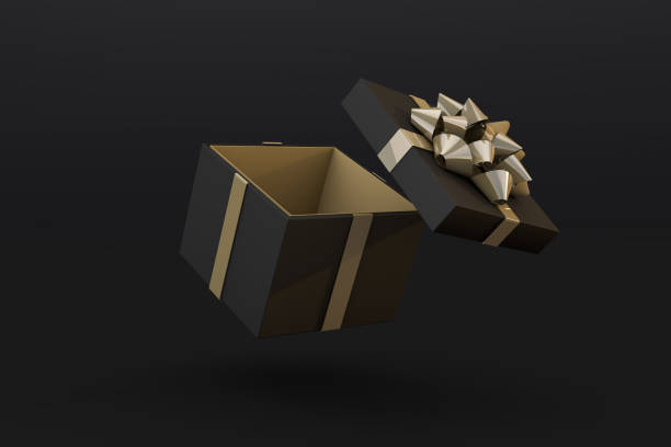 Realistic black gift box with golden ribbon a Black Friday concept 3d render stock photo