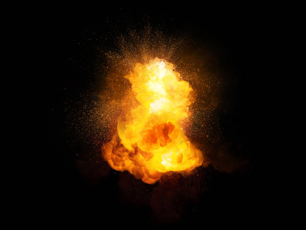 Realistic fiery bomb explosion with sparks and smoke isolated on black background stock photo