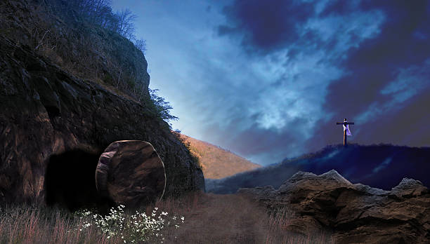 Realistic illustration of the Ressurrection Sunday The tomb of Jesus Christ as described in the Bible, at dawn. We see that the tomb has been opened, and wildflowers are growing at the entrance. In the background is the cross of the crucifixion. tomb stock pictures, royalty-free photos & images