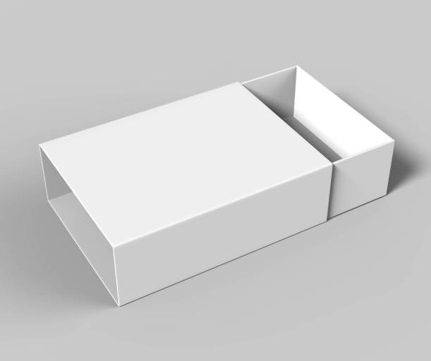 現実的なパッケージ段ボール スライド引き出しボックス灰色の背景に。小物、一致、および他のもの。3 d レンダリング図 - 袖 ストックフォトと画像