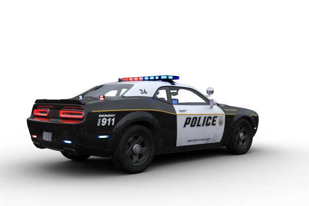 Rear perspective 3D rendering of a black and white american police car isolated on white. stock photo