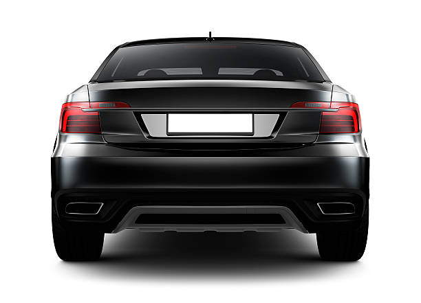 Rear view of black car Generic black car isolated on white black car behind stock pictures, royalty-free photos & images