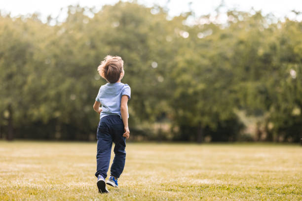 Rear view of little boy running on the meadow stock photo