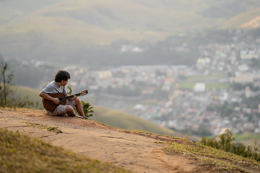 View, Man, Guitar, Mountain, Sunset