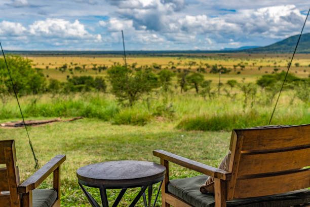 Rear view of timber outdoor chairs on the verandah of an exclusive, luxury safari tent overlooking the Serengeti grasslands. stock photo