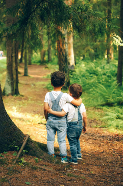 Rear view of two happy little boys in summer forest. stock photo