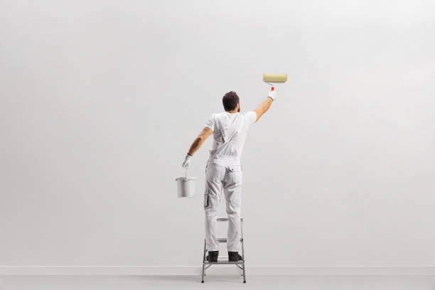 Rear view shot of a painter holding a bucket and painting a wall on a leader stock photo
