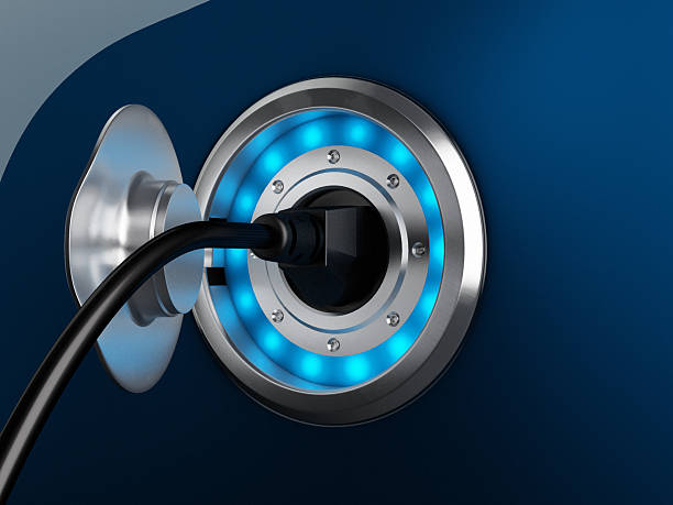 Recharging electric car 3D Image showing power connector. Recharging electric car.Full CGI image made by my self. battery charger stock pictures, royalty-free photos & images