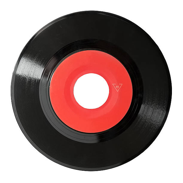 A red and black vinyl record on white stock photo