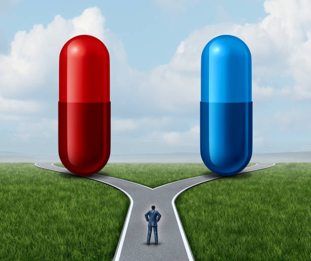 Red And Blue Pill Choice Red and blue pill choice as a person at a crossroad looking at medication capsules as a symbol of choosing between truth and illusion or knowledge or ignorance or pharmaceutical treatment option concept with a 3D render. generic drug stock pictures, royalty-free photos & images