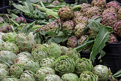 Large red and green artichokes are on display in farmers market near the heart of Rome, Italy.