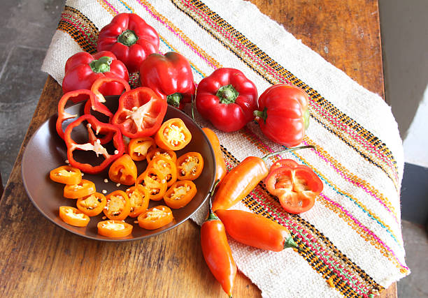 Red and Orange Hot Peppers in Peru stock photo
