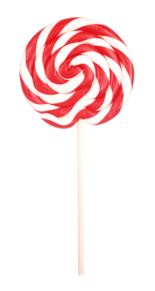 Large red and white lollipop on a white background