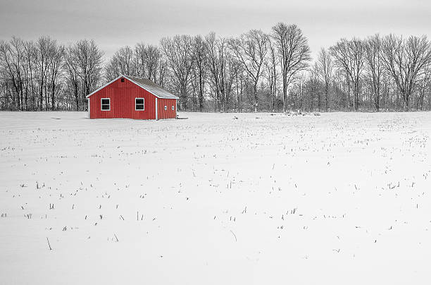 rosso di un fienile in campo di neve - de winter foto e immagini stock