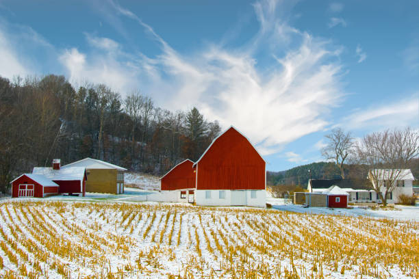 Red Barn-Family Farm in the snow-Eau Clair Wisconsin stock photo