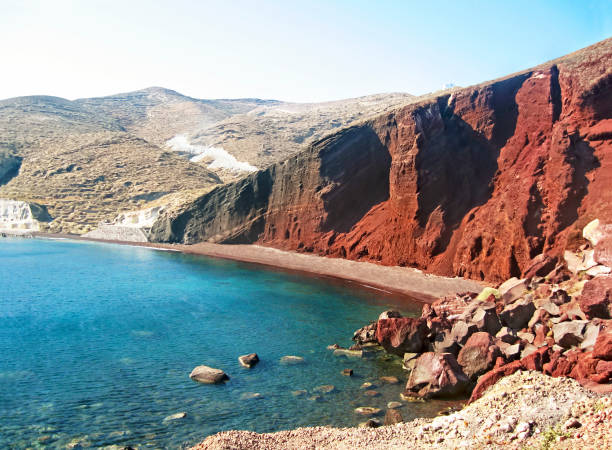 red beach in Santorini island Cyclades Greece stock photo